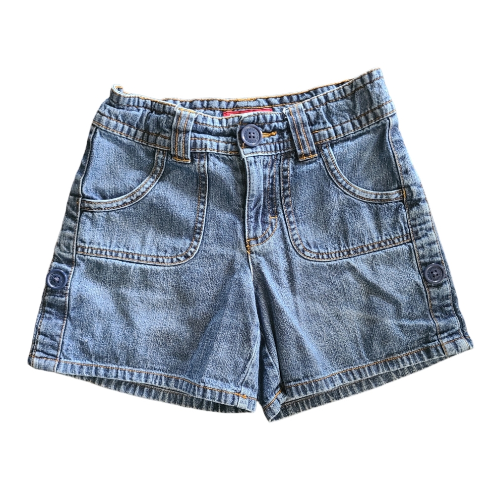 Faded Glory denim shorts, wide leg, button fly, adjustable elastic waist, size 7